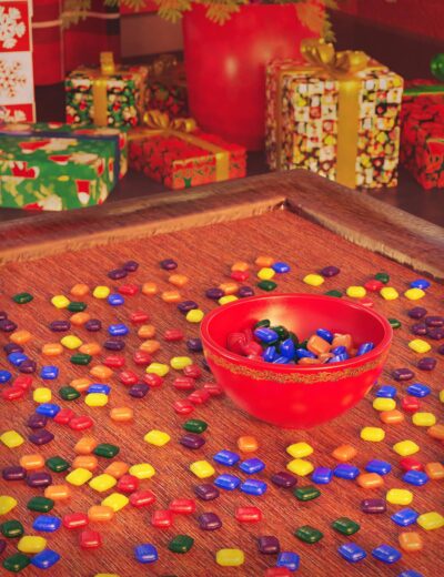 Rainbow candies spilled on a wooden table with a decorative red bowl, surrounded by colorful Christmas presents and decorations in a festive holiday setting.