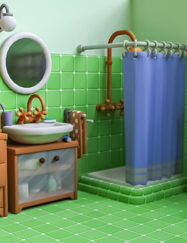 Cute bathroom scene with green tiled walls, a small sink, mirrored cabinet, shower area with blue curtain, and various toiletries, created with high-quality Daz3D assets.