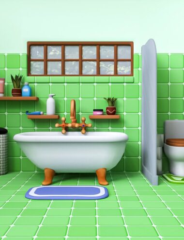 Colorful 3D bathroom scene with vintage clawfoot bathtub, green tiled walls and floor, wooden shelves with toiletries, potted plants, toilet, laundry basket, and shower curtain, created with high-quality Daz3D assets.