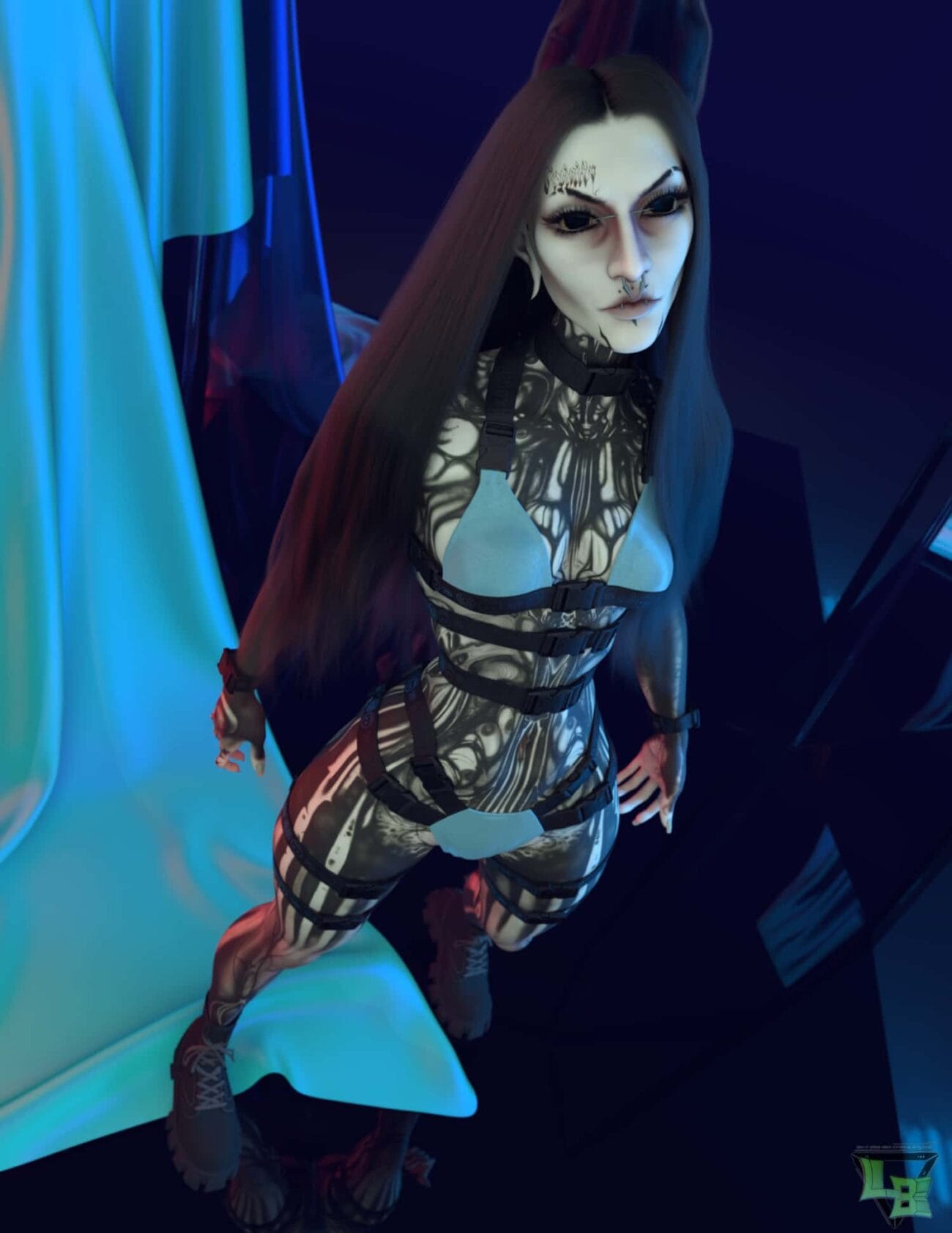 3D digital artwork of a model with gothic makeup wearing a futuristic, form-fitting black harness outfit, standing on a glowing bed in a dark, neon-lit room, showcasing high-quality Daz3D assets.