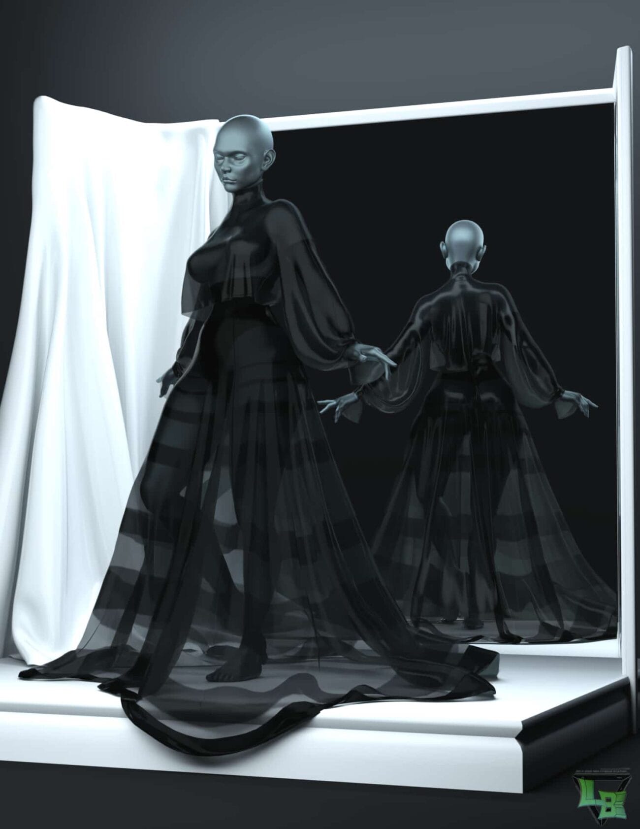 Stretching black sheer dress on mannequin with mirror backdrop, showcasing high-quality 3D Daz3D asset design, realistic fabric details, and modern fashion visualization.