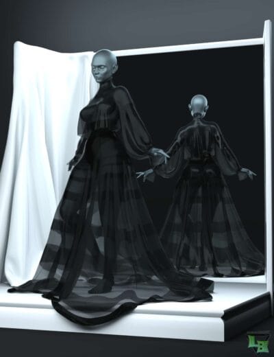 Stretching black sheer dress on mannequin with mirror backdrop, showcasing high-quality 3D Daz3D asset design, realistic fabric details, and modern fashion visualization.