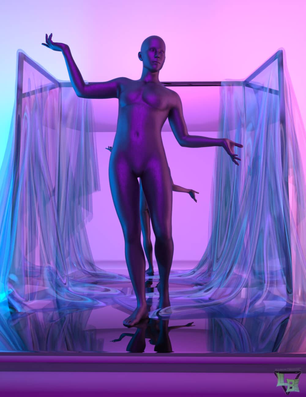 Shiny purple female 3D model with artistic glass curtains and colorful neon lighting, showcasing high-quality DAZ3D assets for digital art and 3D rendering projects.