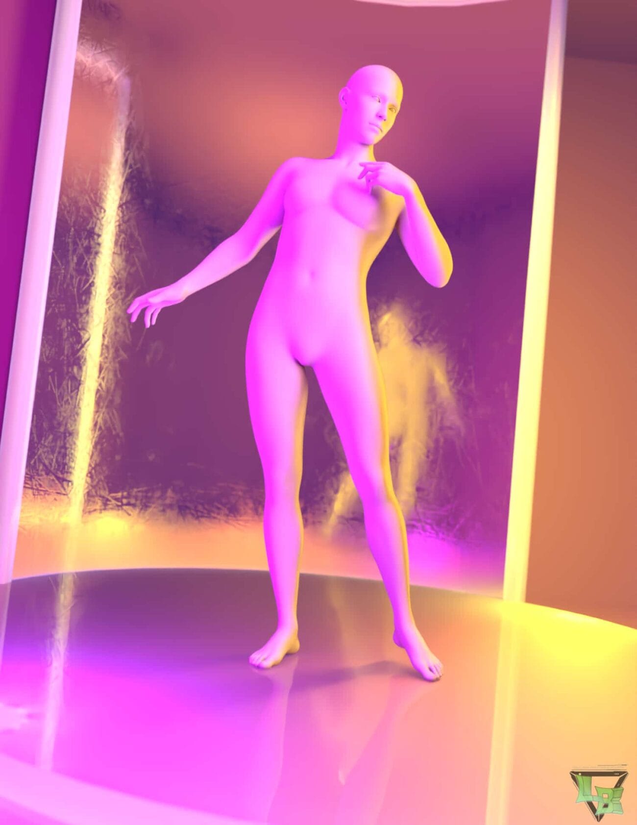 Vivid 3D female model with minimal clothing, rendered in vibrant pink and yellow lighting, showcasing detailed anatomy and smooth skin textures for realistic digital art.