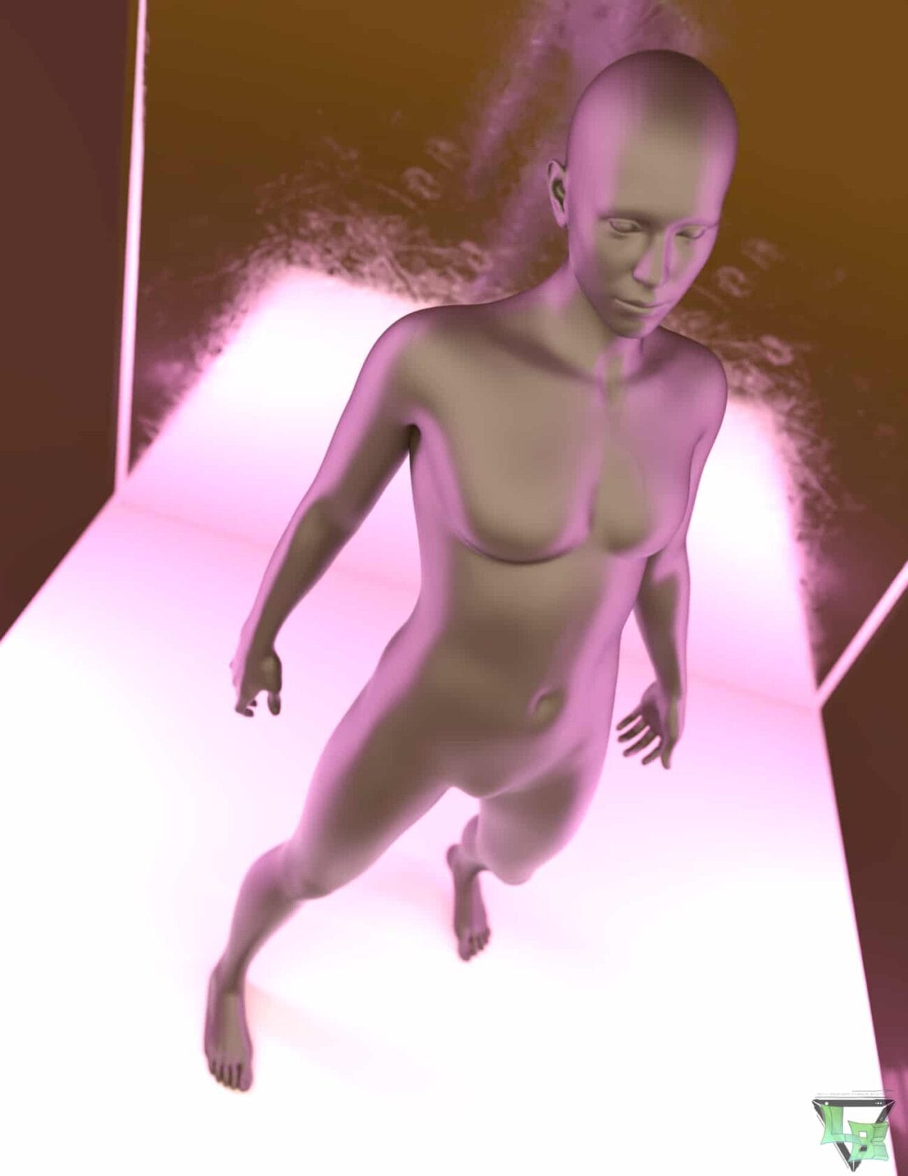 3D rendered female human figure with a bald head in a modern digital art style, emphasizing realistic anatomy, smooth skin textures, and sleek design for high-quality Daz3D assets.
