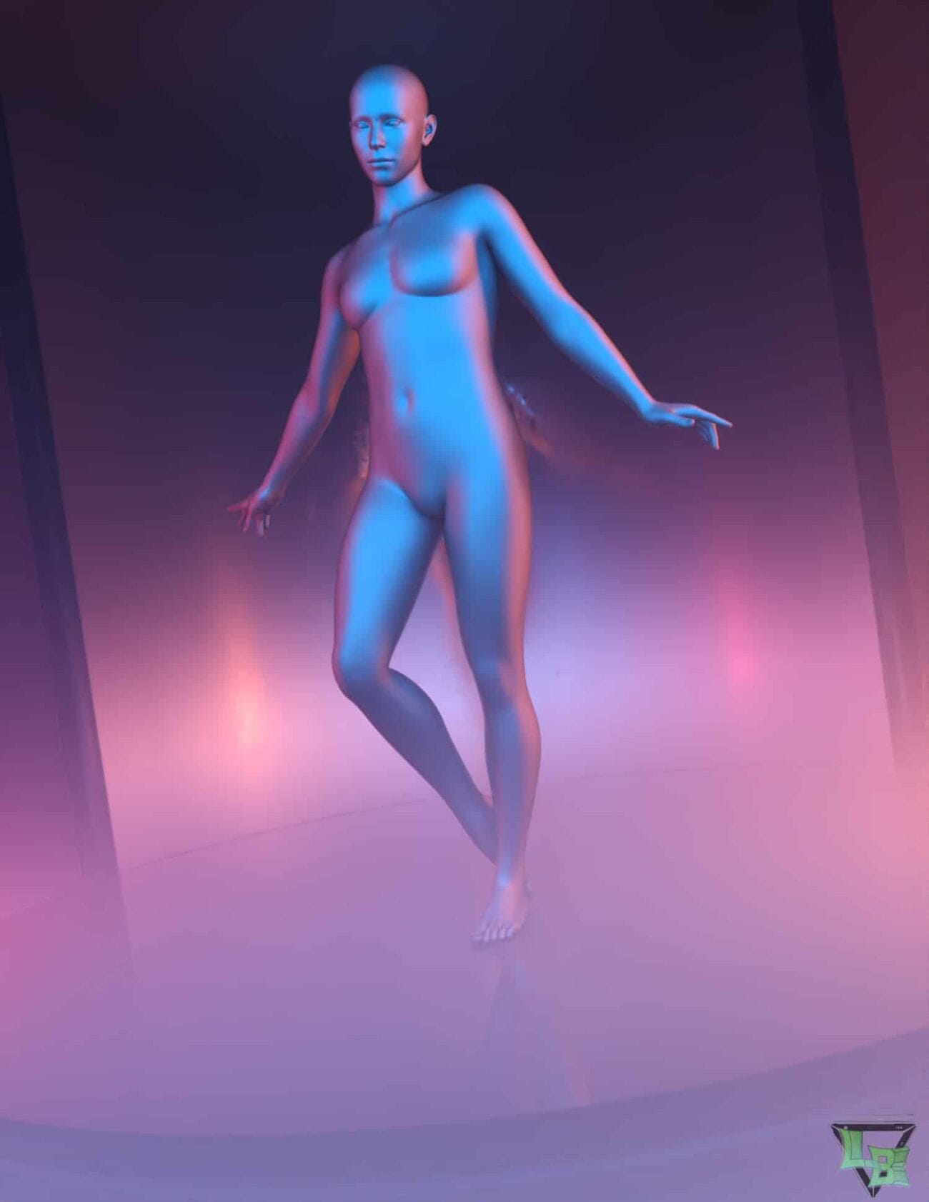 3D human female model, realistic digital art, showcasing high-quality Daz3D assets for 3D character design, rendered with vibrant lighting effects.