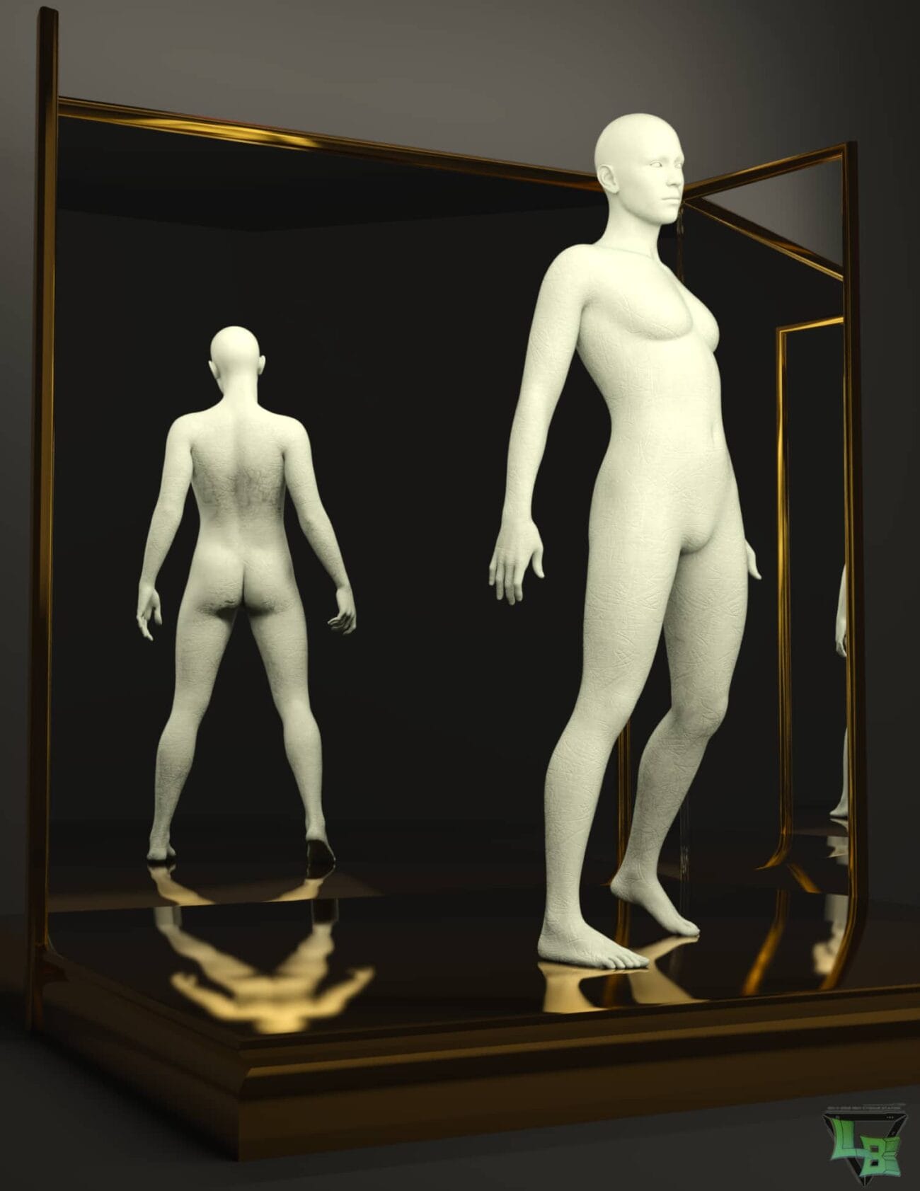 High-quality 3D female mannequins with detailed textured skin showcasing Daz3D assets in a mirrored display. Perfect for 3D modeling, character design, and digital art projects.