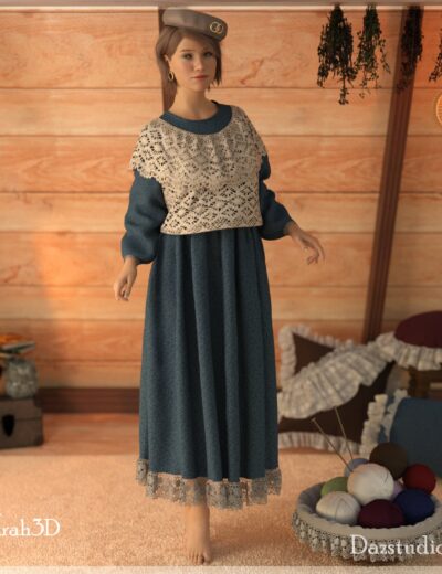 Elegant vintage 3D female character wearing a lace top, long skirt, and beret, posed in cozy rustic room setting with yarn basket, pillows, and warm lighting, high-quality Daz3D assets.