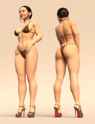 3D female model in brown bikini with high heels, showcasing realistic anatomy and detailed textures for Daz3D assets, ideal for adult-themed or fashion 3D projects.