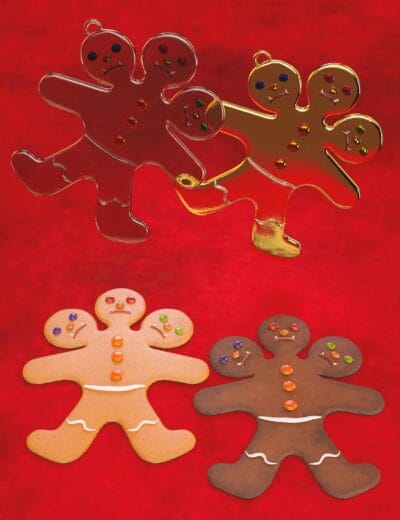 Shiny gingerbread man ornaments with colorful buttons and facial expressions on red background. Perfect for holiday decorations, 3D render, and digital assets.