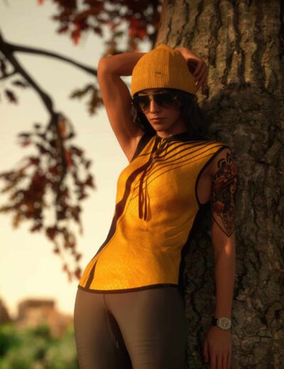 Youthful woman leaning against tree during sunset, wearing yellow sleeveless athletic top, beige leggings, yellow beanie, sunglasses, and showcasing tattoos, outdoor lifestyle photography, fashionable casual wear, vibrant warm tones.