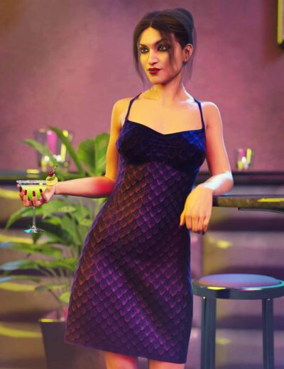 Elegant woman holding a colorful cocktail in a stylish dress at a modern bar. 3D rendered female character with realistic textures, perfect for VRChat, Daz3D assets, or 3D animation projects.