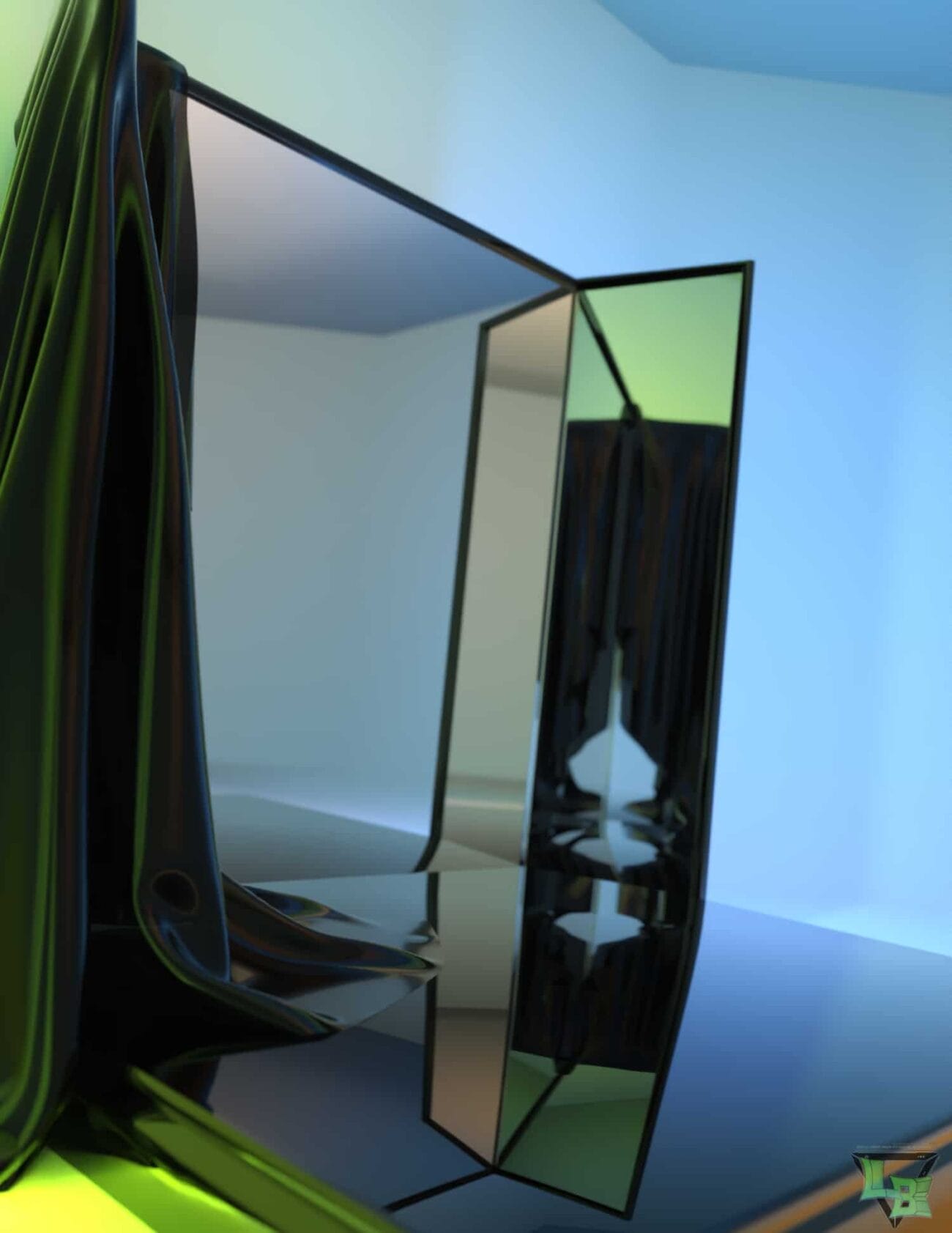 Reflective 3D mirror with futuristic design, high detail, and glossy surfaces, ideal for Daz3D assets and 3D rendering projects.