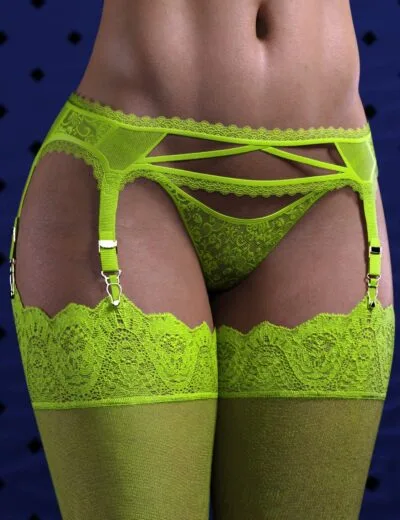 Vibrant lime green lace lingerie with garter straps and intricate floral patterns, rendered in high-quality 3D assets for realistic detail and texture.