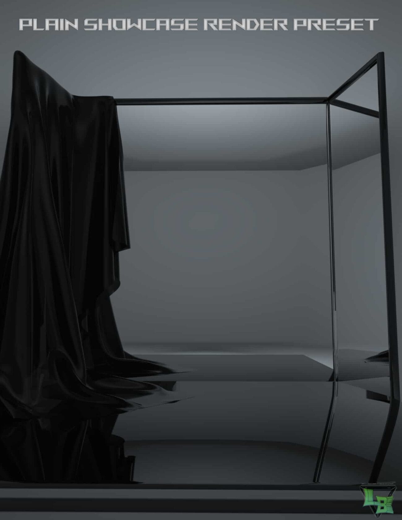 Glossy black fabric draped over a minimalist black metal clothing rack on reflective surface, modern plain showcase render preset emphasizing sleek textures and simple aesthetic.