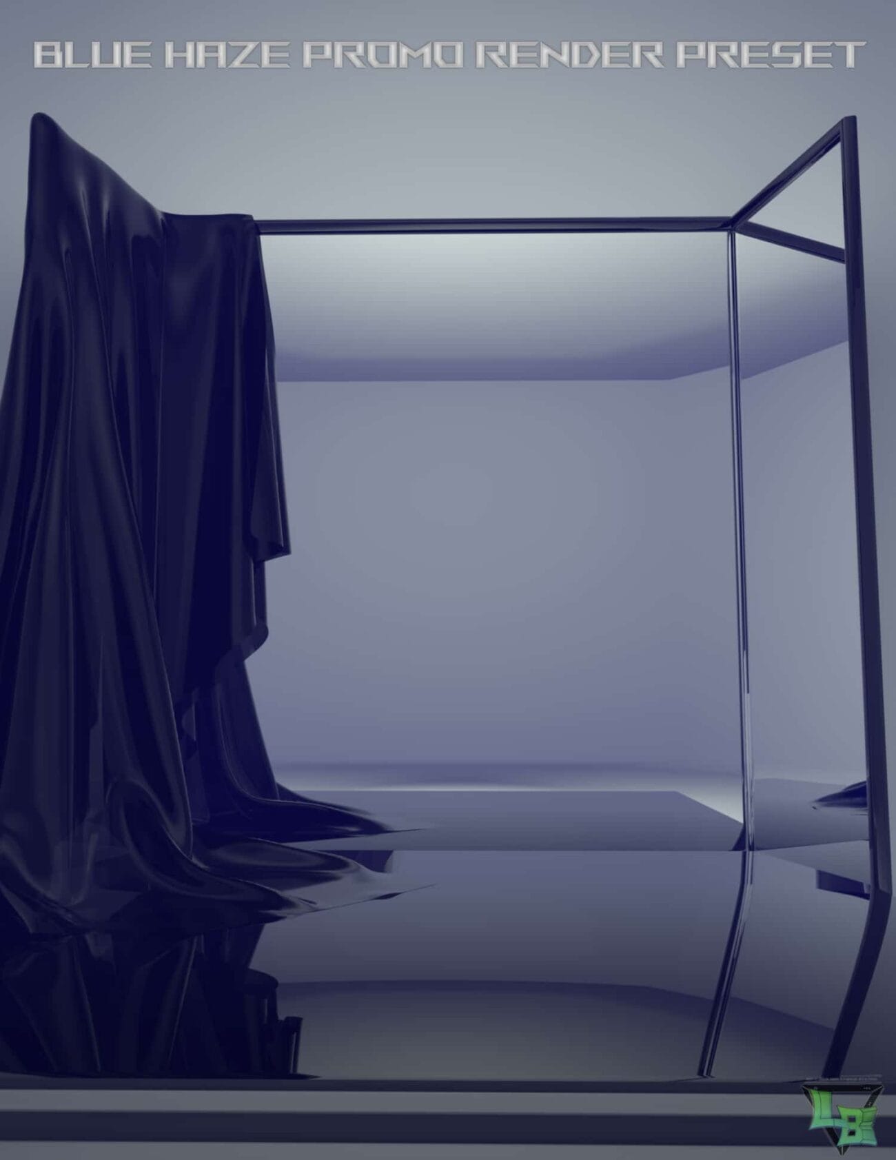 A sleek 3D rendered image of a contemporary clothing rack with dark, shiny fabric draped over it, featuring a blue haze effect for a modern, stylish aesthetic.