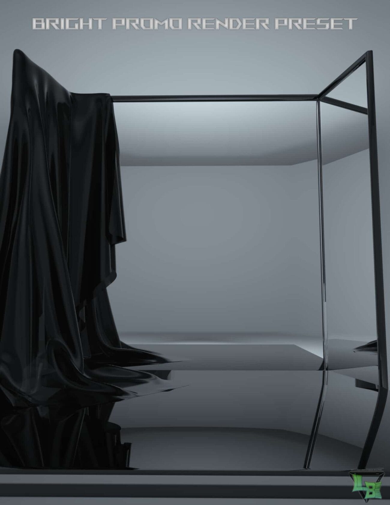 Glossy black fabric draped over a sleek metal clothing rack on a reflective surface, with a modern and minimalistic background, showcasing high-quality 3D assets for Daz3D models.