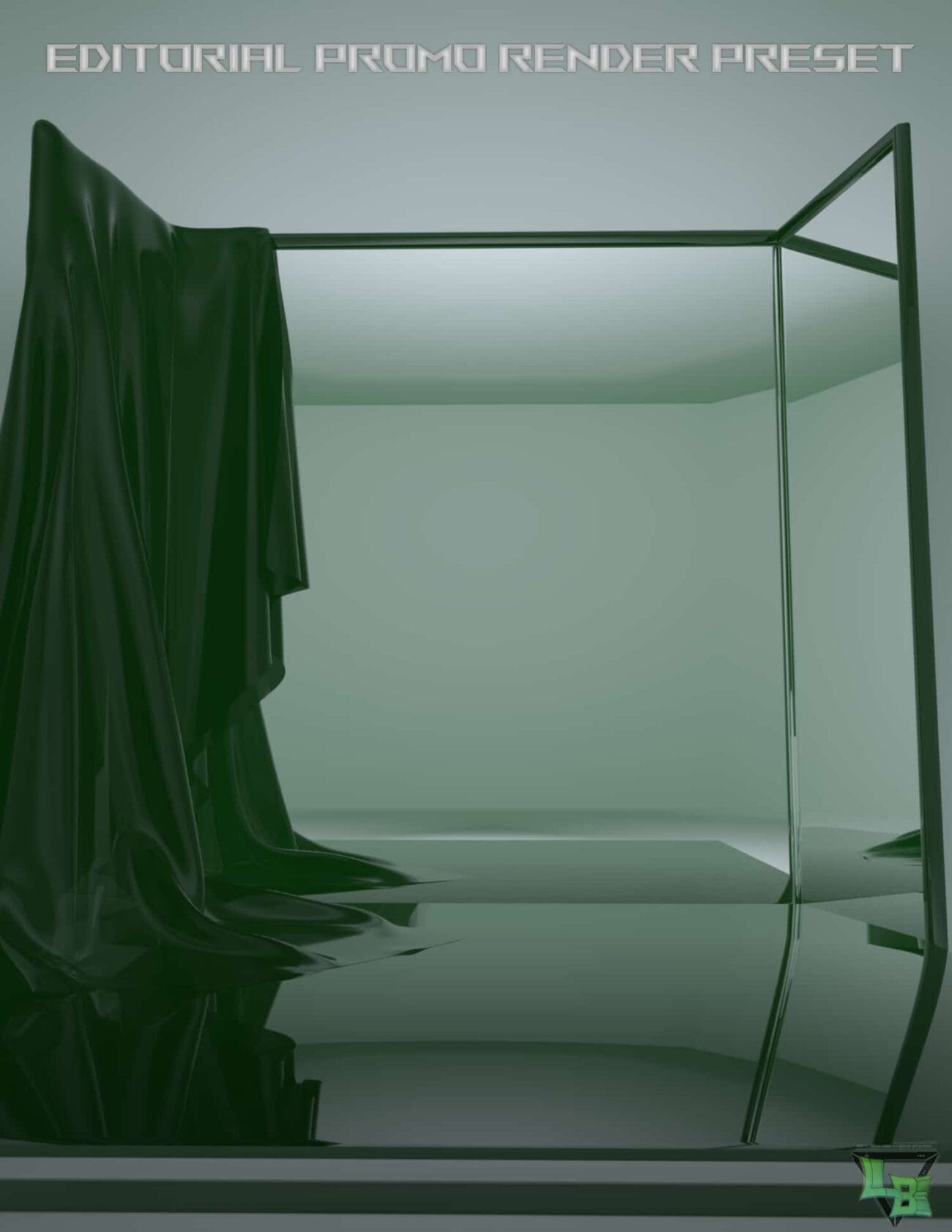 Shiny green draped fabric hanging on a minimalist metallic clothing rack in a modern, sleek room with a reflective floor and soft lighting.