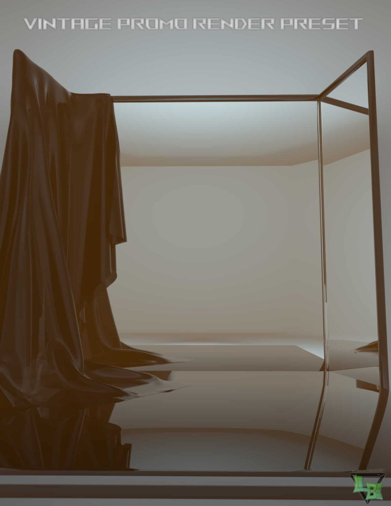 Vintage promo render preset featuring a reflective glossy black fabric draped on a minimalist metal clothing rack. Perfect for showcasing 3D assets, textures, and fashion scenes in Daz3D.