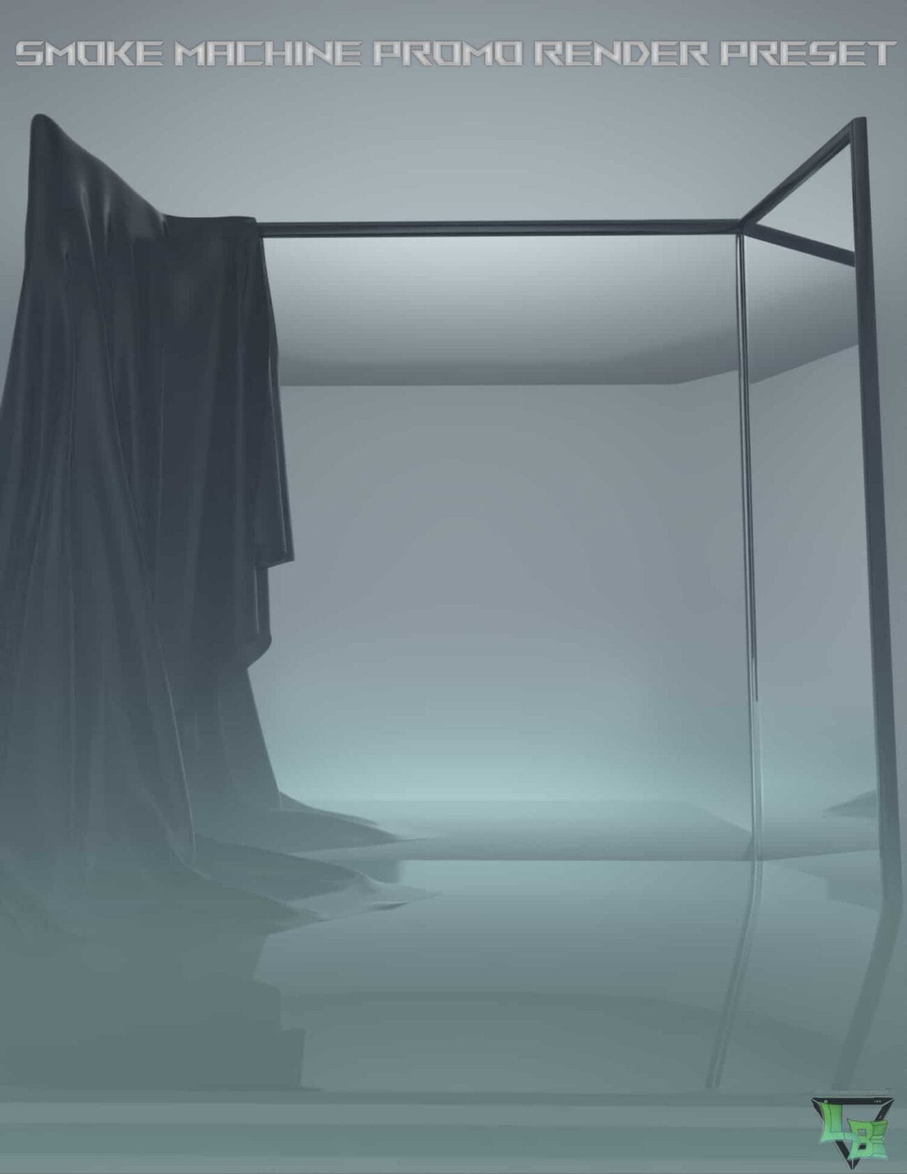Smoke machine promo render preset with black draped fabric and minimalistic metal frame, ideal for digital art, 3D modeling, and scene creation in Daz3D. High-quality rendering for visual effects.