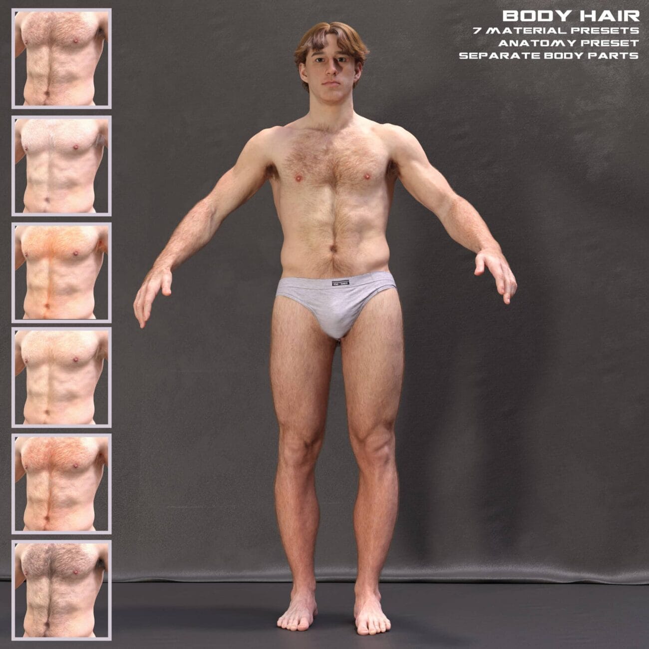 Busty man in underwear with body hair, 3D male model showing physique, realistic anatomy preset, detailed body parts for Daz3D assets, male torso with chest hair, male anatomy for 3D rendering.