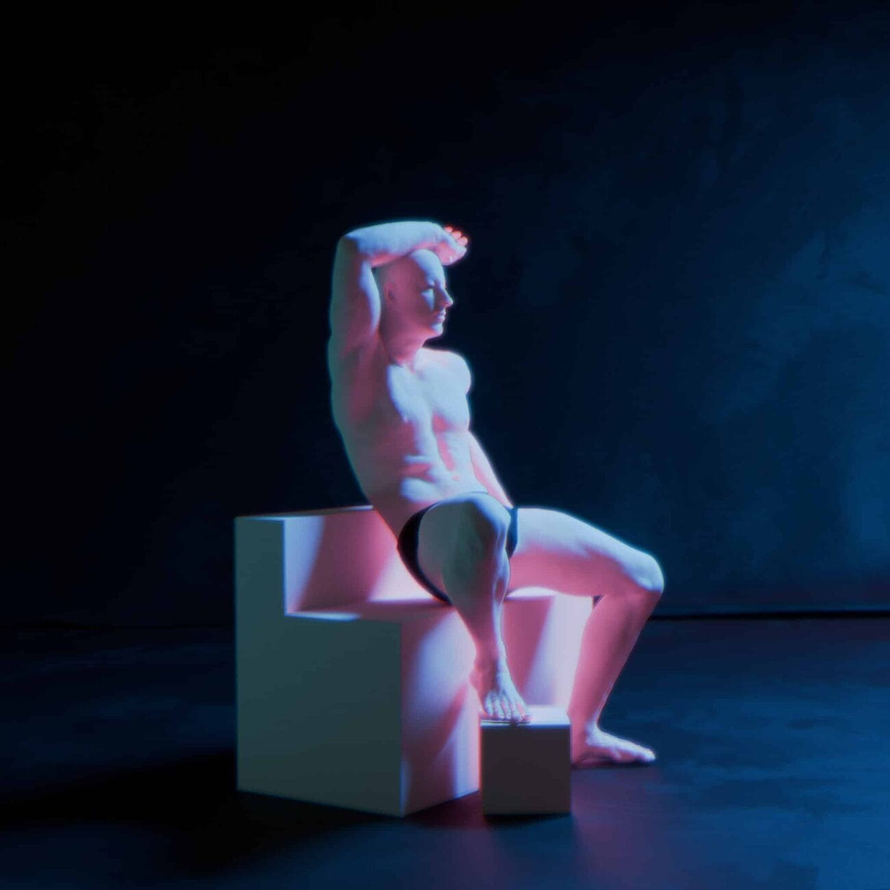 Futuristic digital art of a male mannequin with a muscular physique, sitting on a geometric white chair under neon blue and pink lighting, showcasing 3D rendering and 3D assets from Daz3D.