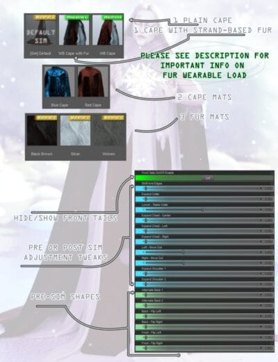 3D Shards - High-Quality Daz3D Assets featuring customizable cape materials, wearable options, cape mats, fur mats, and adjustable pre-visualization settings for detailed 3D character design.