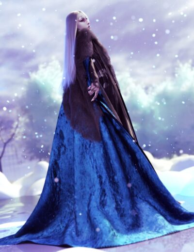 Elegant fantasy woman in a flowing blue and black gown with a fur stole, standing in a snowy winter landscape under a colorful, starry sky. Perfect for high-quality Daz3D characters and sci-fi or fantasy scenes.