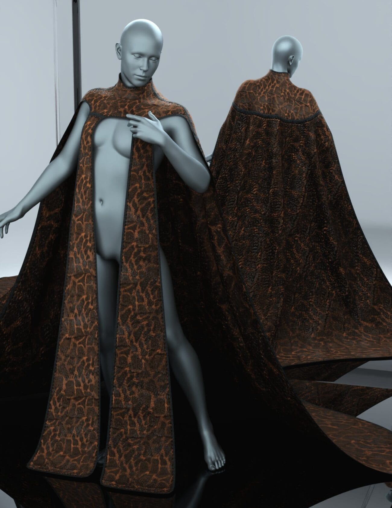 Luxurious animal print cape and dress set for Daz3D characters, showcasing high-detail textures and realistic fabric folds suitable for 3D character design and fashion visualization.