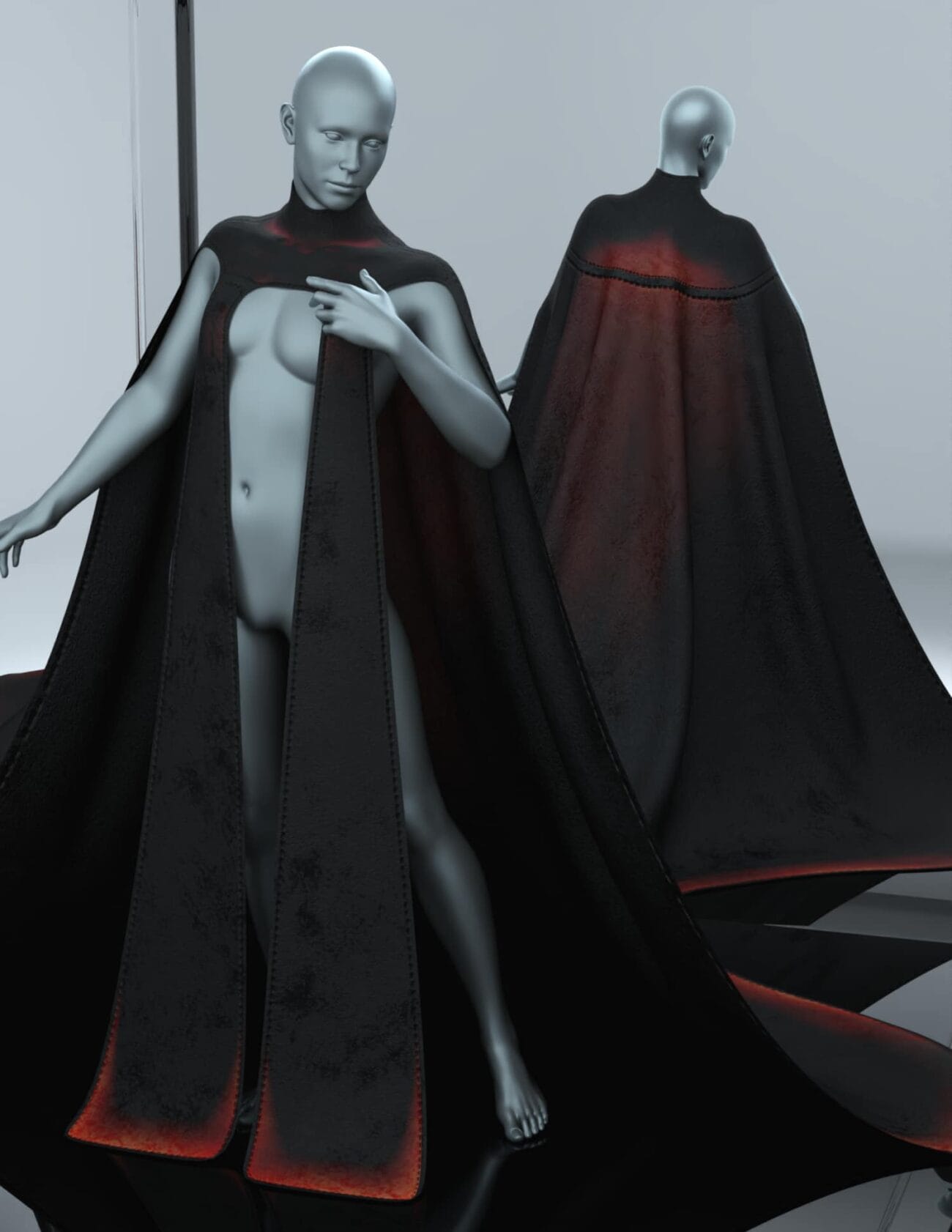 Elegant 3D female mannequin wearing detailed black and red cloak with realistic fabric textures, modeled with advanced Daz3D assets for high-quality 3D rendering.