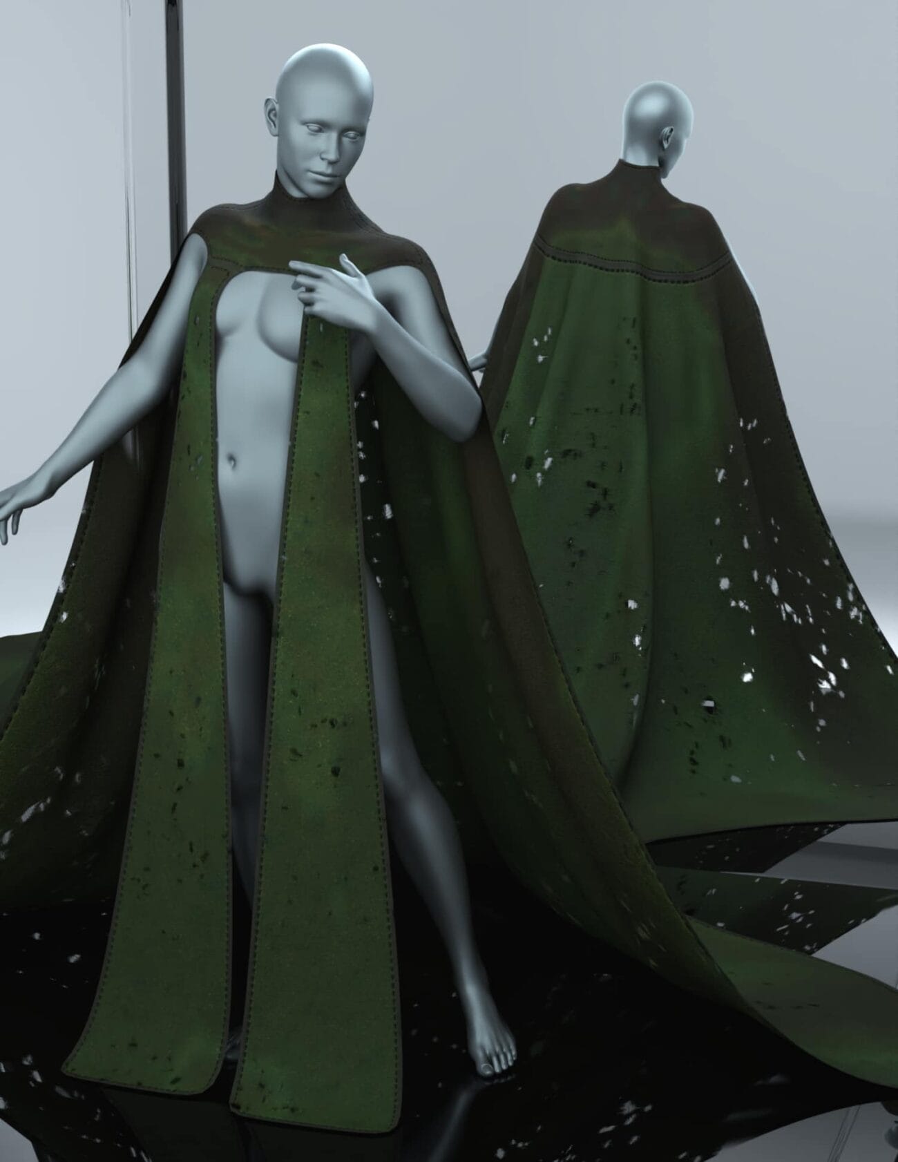 High-quality 3D digital art featuring a female figure with a distressed green cape, showcasing detailed textures and realistic lighting perfect for Daz3D assets and 3D character modeling.