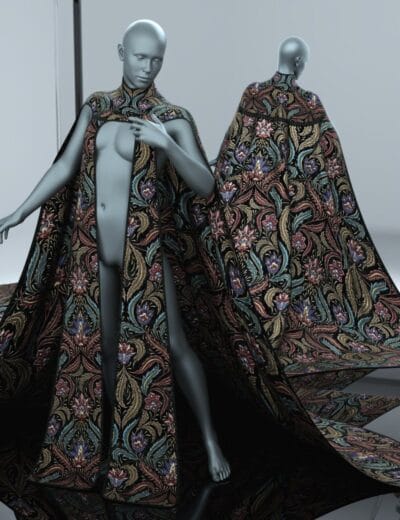 Intricate floral patterned cape for 3D models, perfect for Daz3D assets showcasing high-quality textile textures and detailed embroidery.