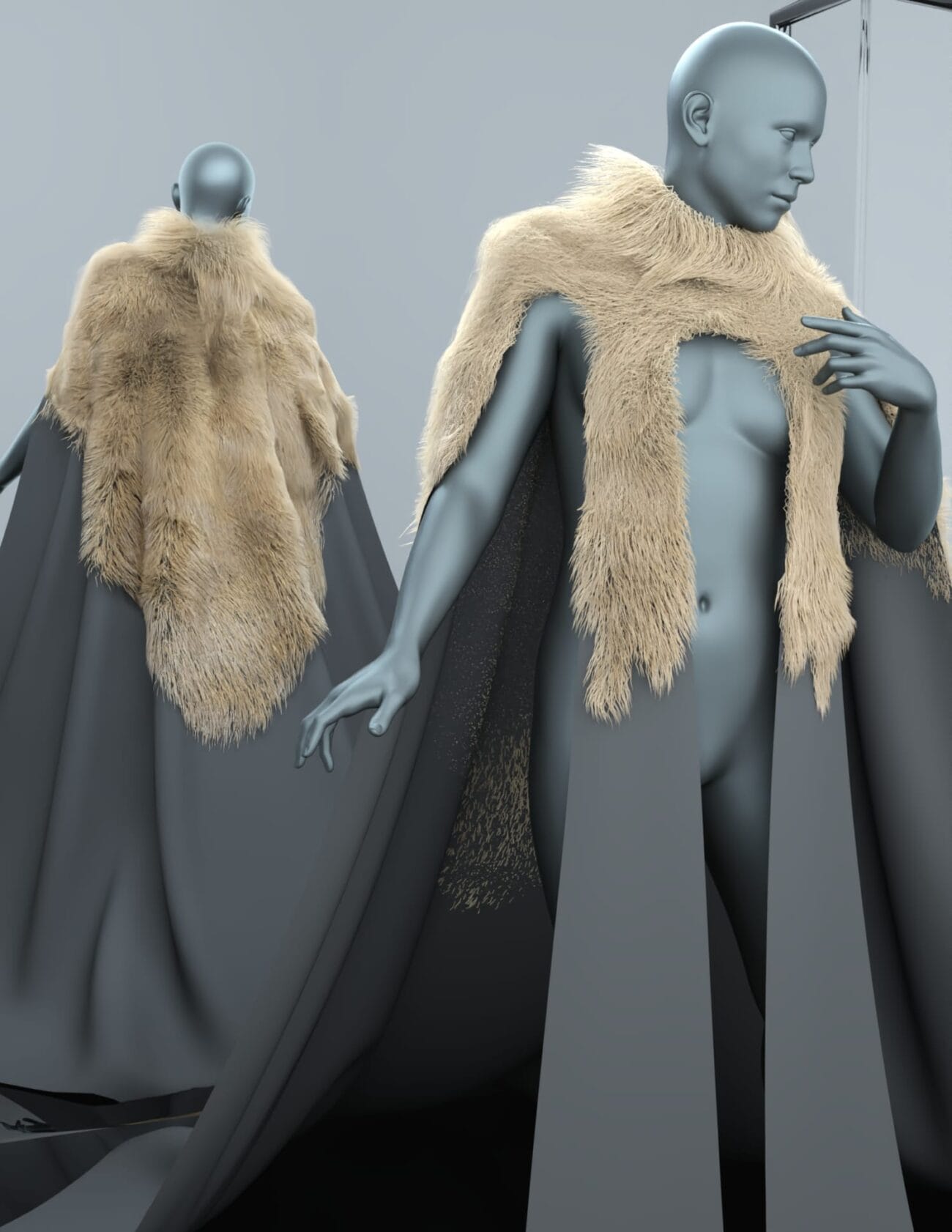 Luxurious beige fur cape for Daz3D characters, high-quality 3D assets for fantasy and costume design. Perfect for creative projects needing realistic fur and stylish cloaks.