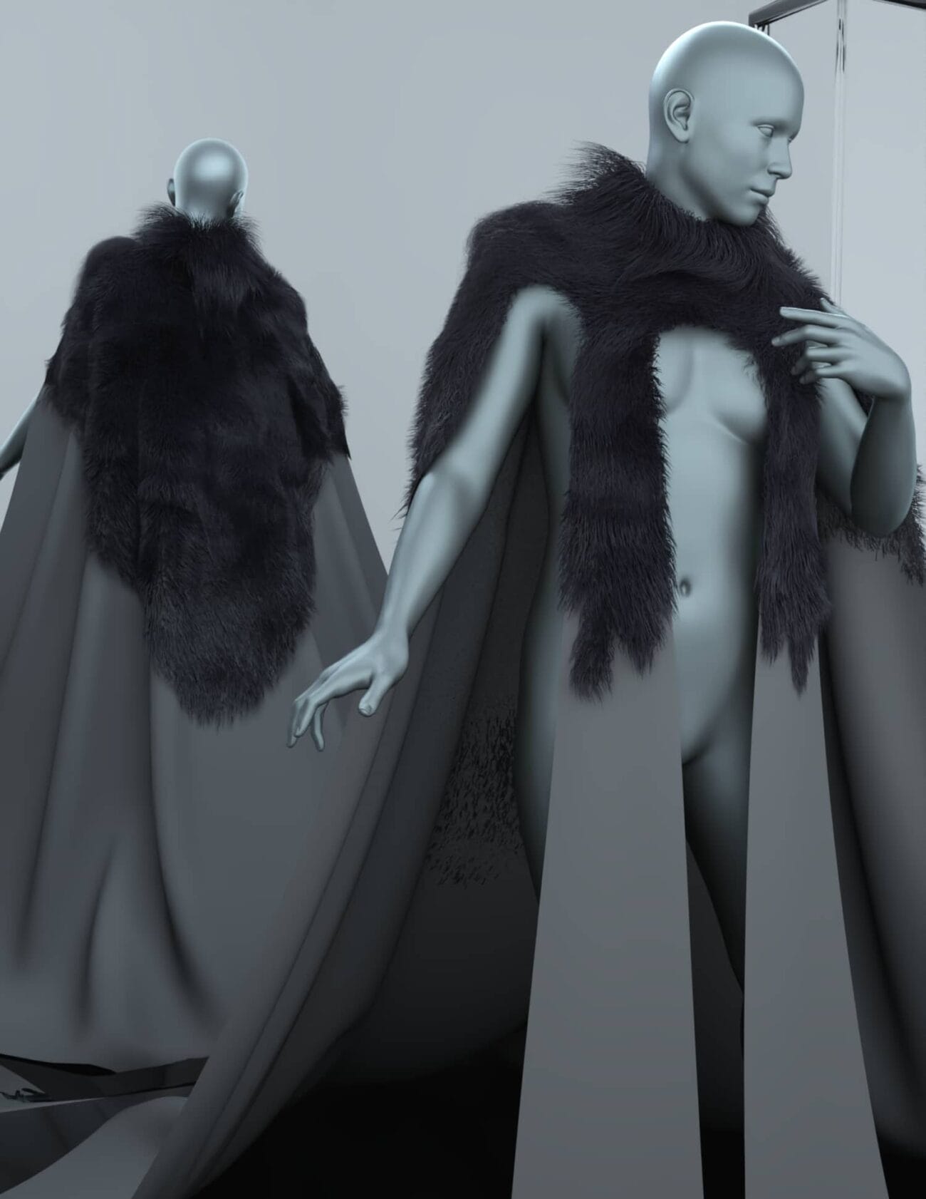 Luxurious black fur cape and gemstone gown on a stylized 3D female model showcasing high-quality Daz3D assets for fashion-inspired 3D rendering.
