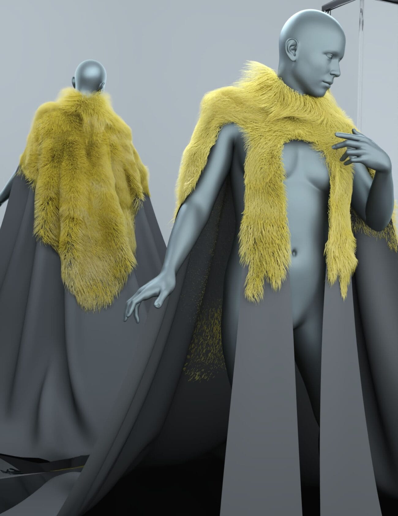 Yellow faux fur and fabric cape with attached black lining, displayed on a 3D humanoid mannequin. - High-quality 3D assets for Daz3D characters from 3D SHARDS.