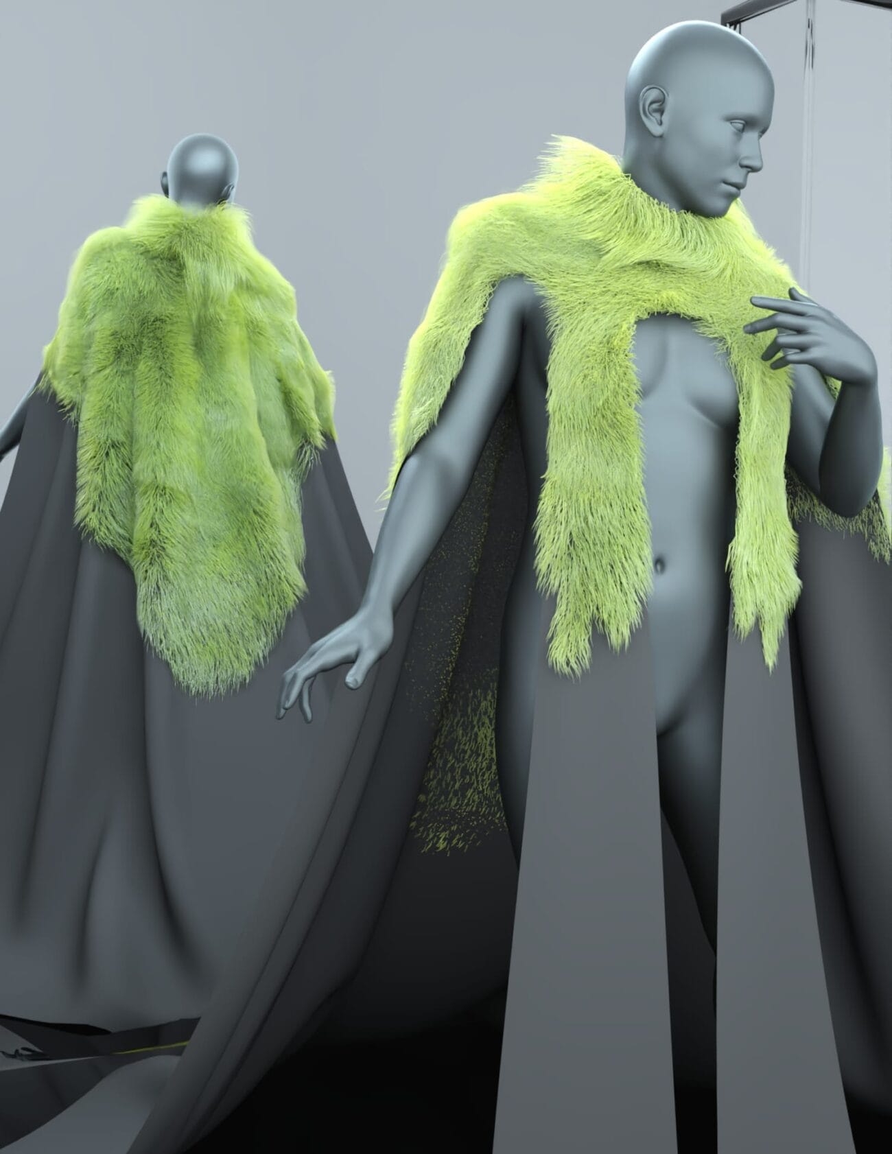 Vivid lime green faux fur cape on gray mannequin, showcasing high-quality Daz3D fashion assets from 3D SHARDS for digital art and 3D rendering projects.