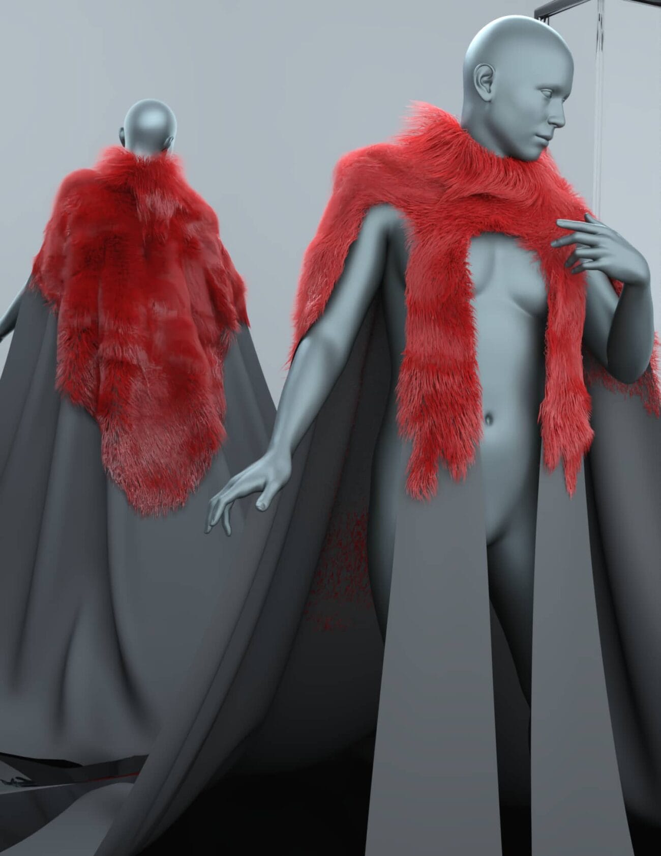 Luxurious red faux fur cape and collar on a 3D mannequin, showcasing high-quality Daz3D asset for fashion and character design. Ideal for digital fashion, 3D modeling, and creative projects.
