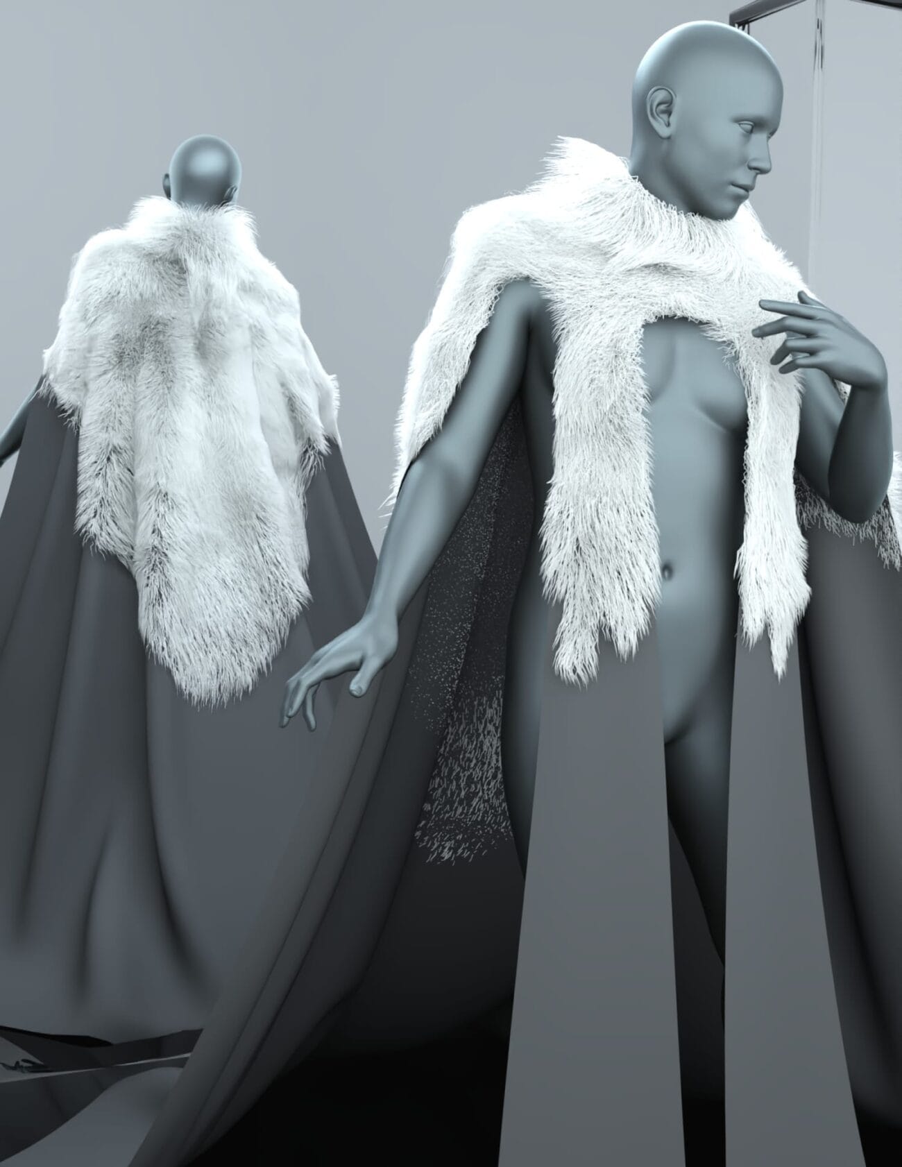 Luxury fantasy cape with fur trim for Daz3D, realistic 3D garment, high-quality digital fashion asset, detailed textures and fabric rendering, perfect for 3D character costumes and fantasy scenes.