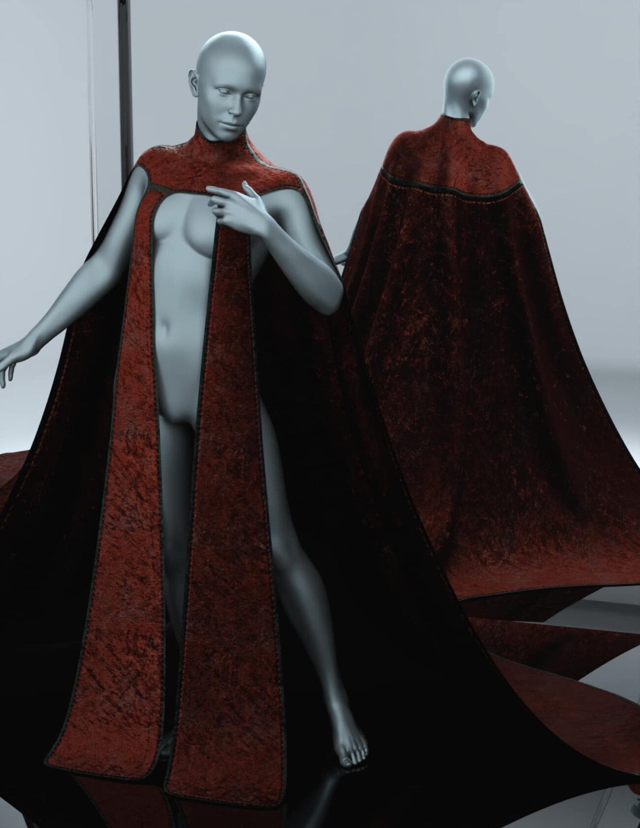 Luxurious red velvet 3D cloak for Daz3D characters, high-quality digital asset for realistic fashion renders and creative projects, available from 3D Shards.