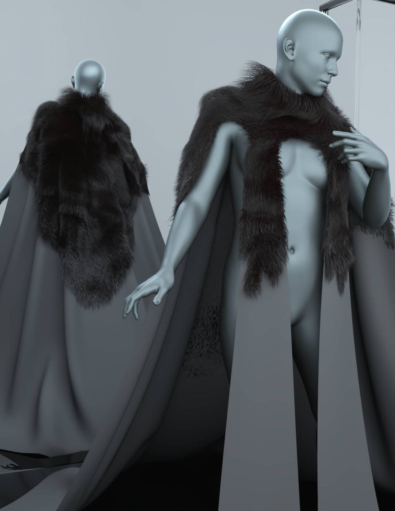 Luxurious fur cloak and cape for Daz3D characters, showcasing high-quality 3D assets with detailed textures and realistic shading, ideal for creative fashion and fantasy character design.