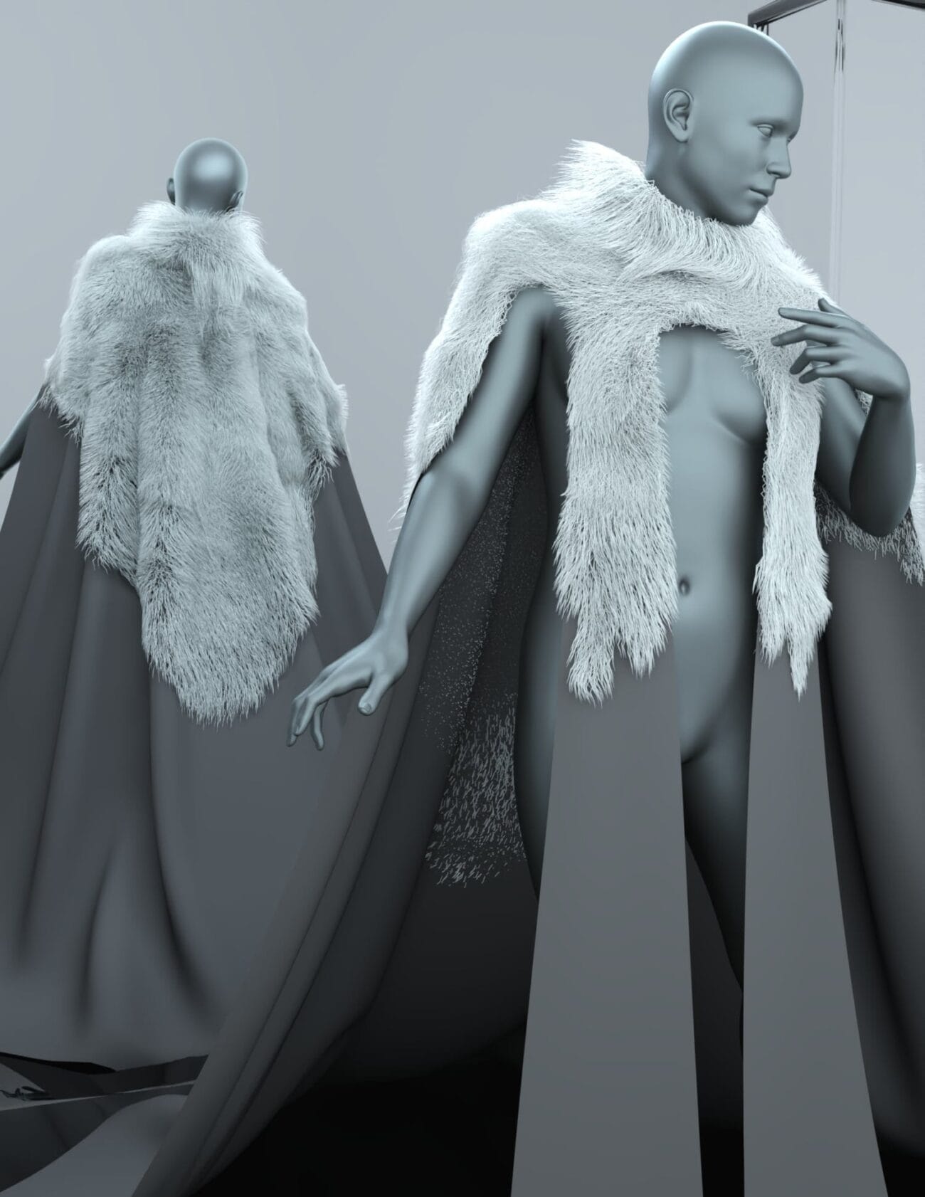 Luxurious fur cape and flowing cloak clothing for Daz3D characters, high-quality 3D assets, fashion and costume design, realistic textures, suitable for fantasy or historical themes, available at 3D SHARDS.