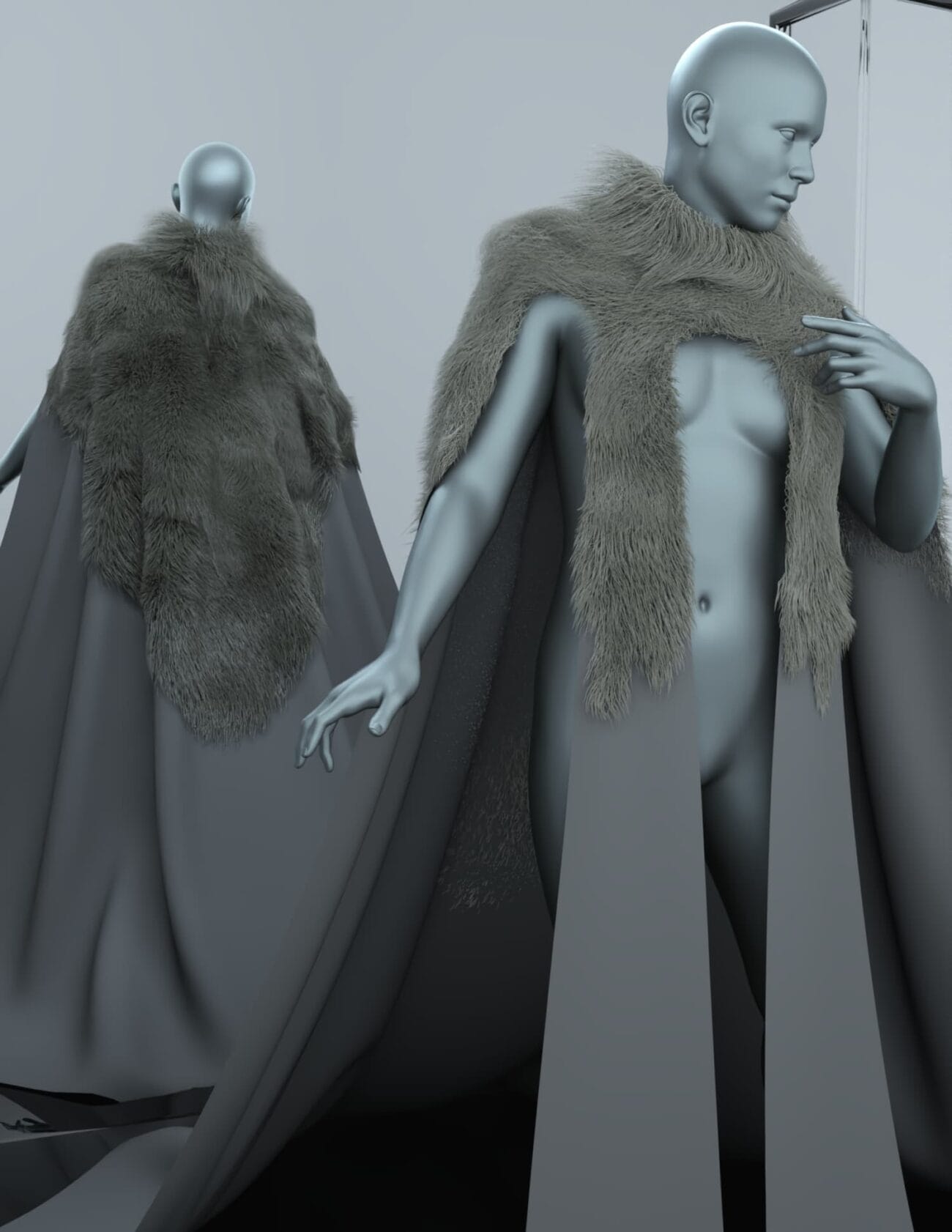 Futuristic 3D mannequin with a luxurious fur cape, showcasing high-quality Daz3D assets for fashion and character design. Perfect for 3D art, fashion visualization, and digital character creation.
