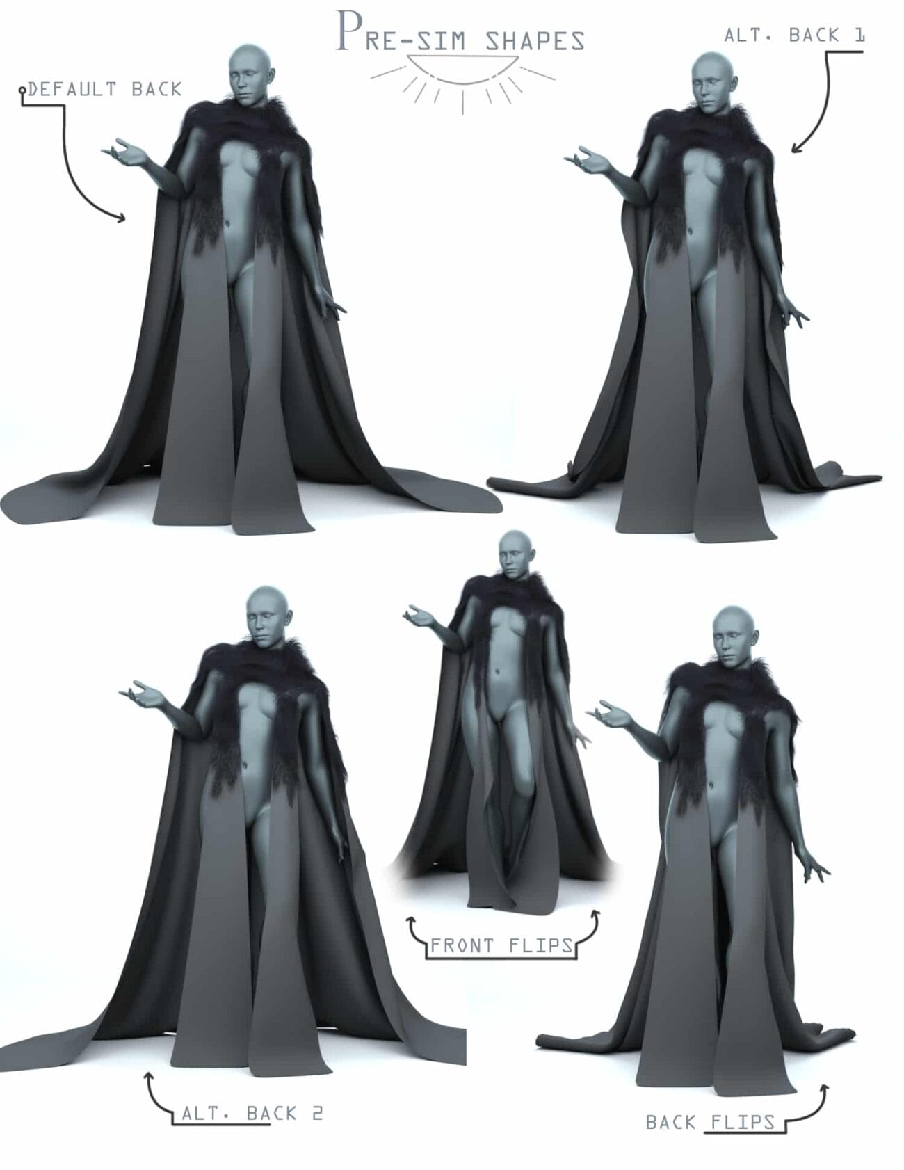 A collection of 3D human models showcasing pre-sim shapes, adjustable back and front flip options, designed for Daz3D assets, with detailed clothing and pose variations for realistic character rendering.
