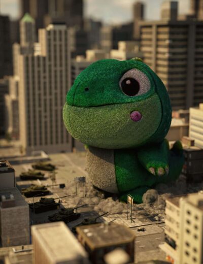 Large green dinosaur toy with big eyes on cityscape background.