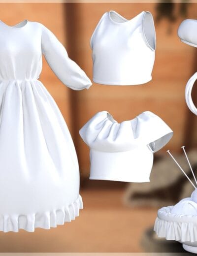 Elegant white dress with ruffled hem for 3D character modeling, rare casual fashion, detailed textile textures for Daz3D assets, perfect for virtual fashion design and digital art projects.