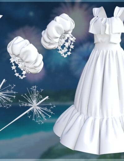 Elegant white 3D dress with ruffled hem, perfect for fashion renders or characters, displayed alongside decorative star and snowflake accessories, showcasing high-quality Daz3D assets.