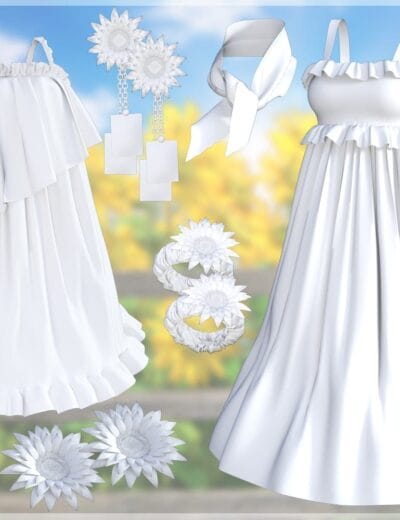 Elegant white dress 3D model with ruffles and flowing fabric for Daz3D, perfect for virtual fashion design or character styling.