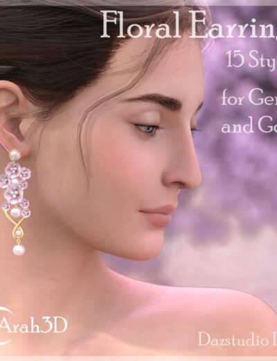 Elegant floral earrings for Genesis 8 and Genesis 9 characters, showcasing detailed 3D jewelry assets, perfect for enhancing digital art and realistic character design.