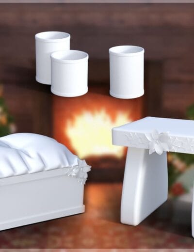 White Christmas-themed 3D home decor set with a bed, nightstand, and floating candle holders, ideal for holiday scenes and festive interior designs.