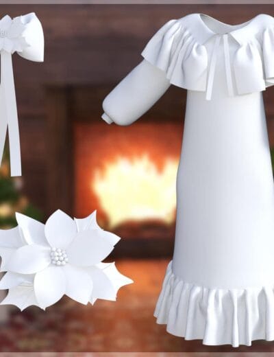 Elegant white Christmas dress for Daz3D with ruffled collar and long sleeves. Includes matching poinsettia hair clips, perfect for holiday characters and festive holiday scenes.